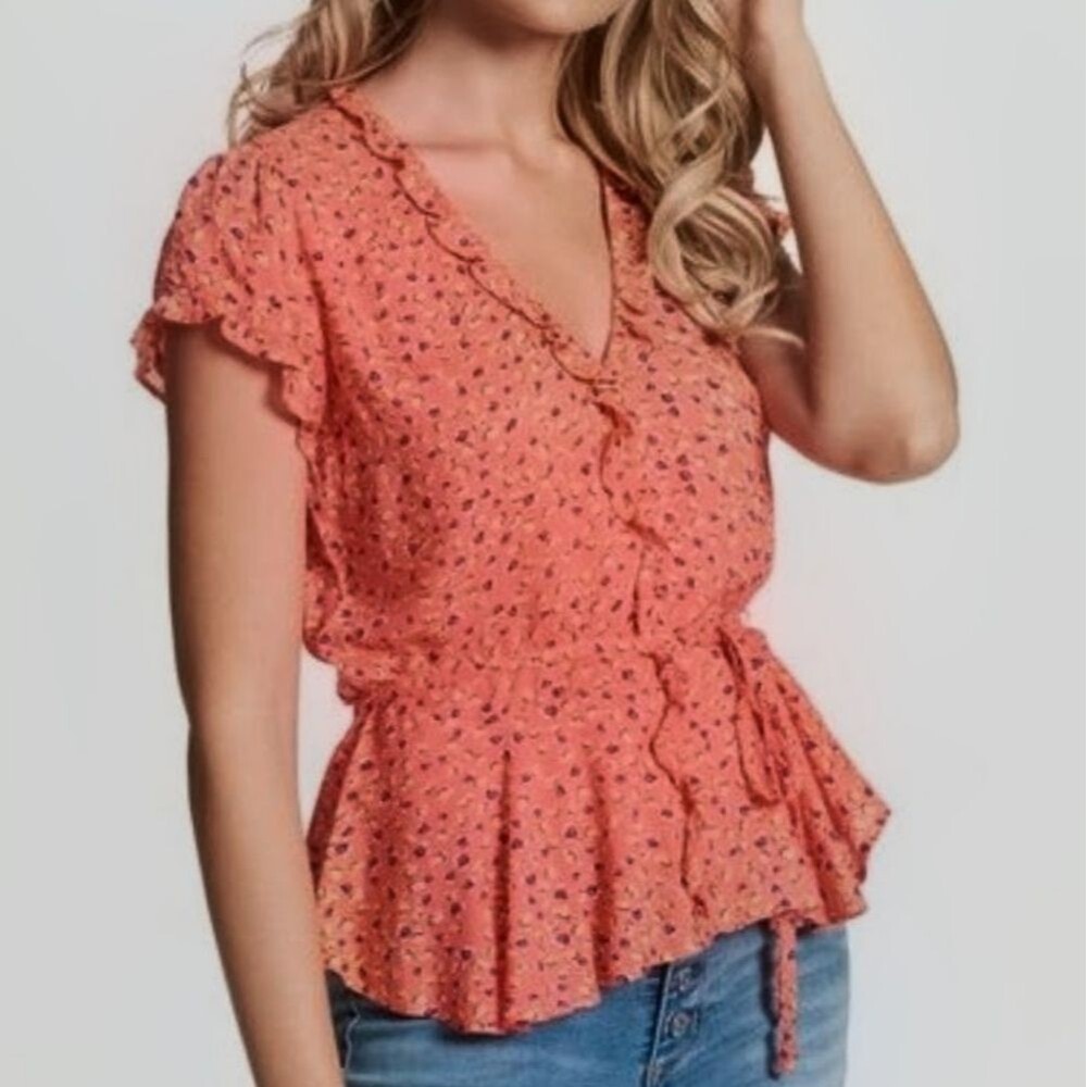 JESSICA SIMPSON Emberglow Mini Florals Christina Button Up Ruffled Top Blouse M